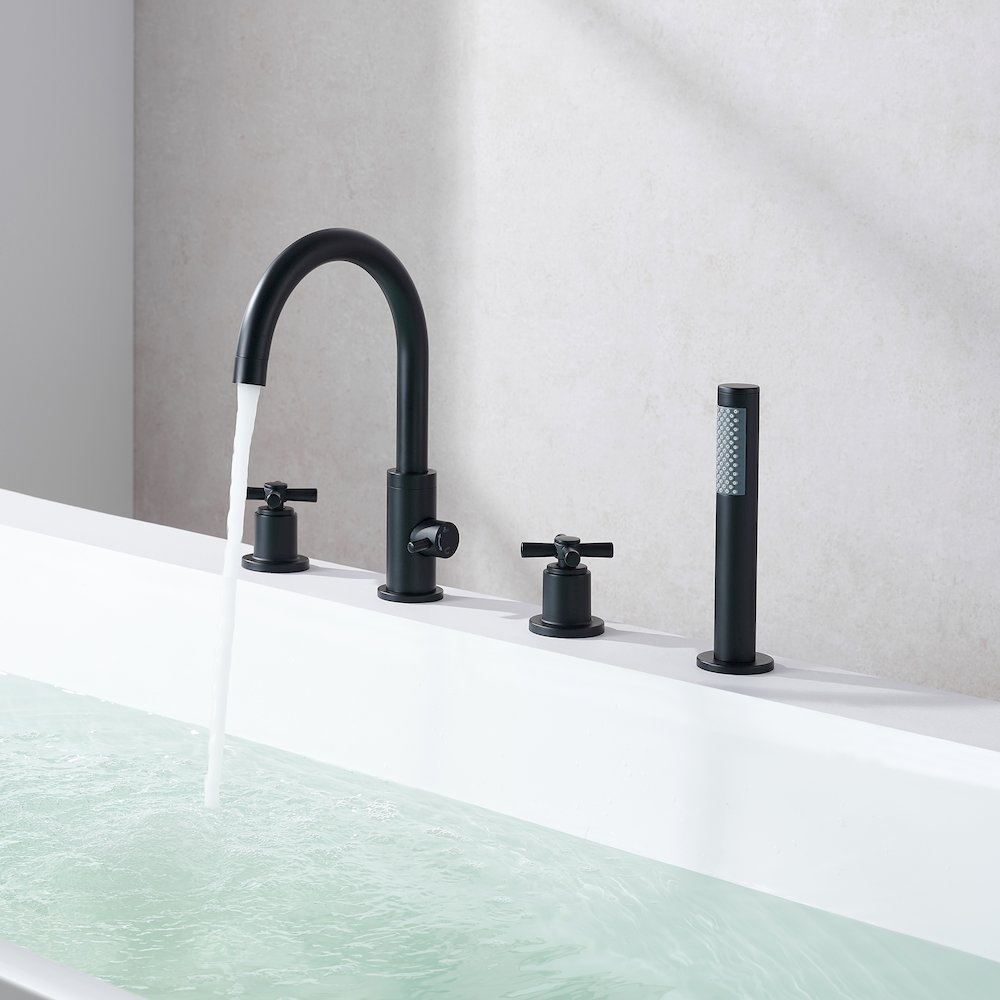 Cross Handles Deck-Mount Roman Tub Faucet in Matte Black with Handshower. Picture 3