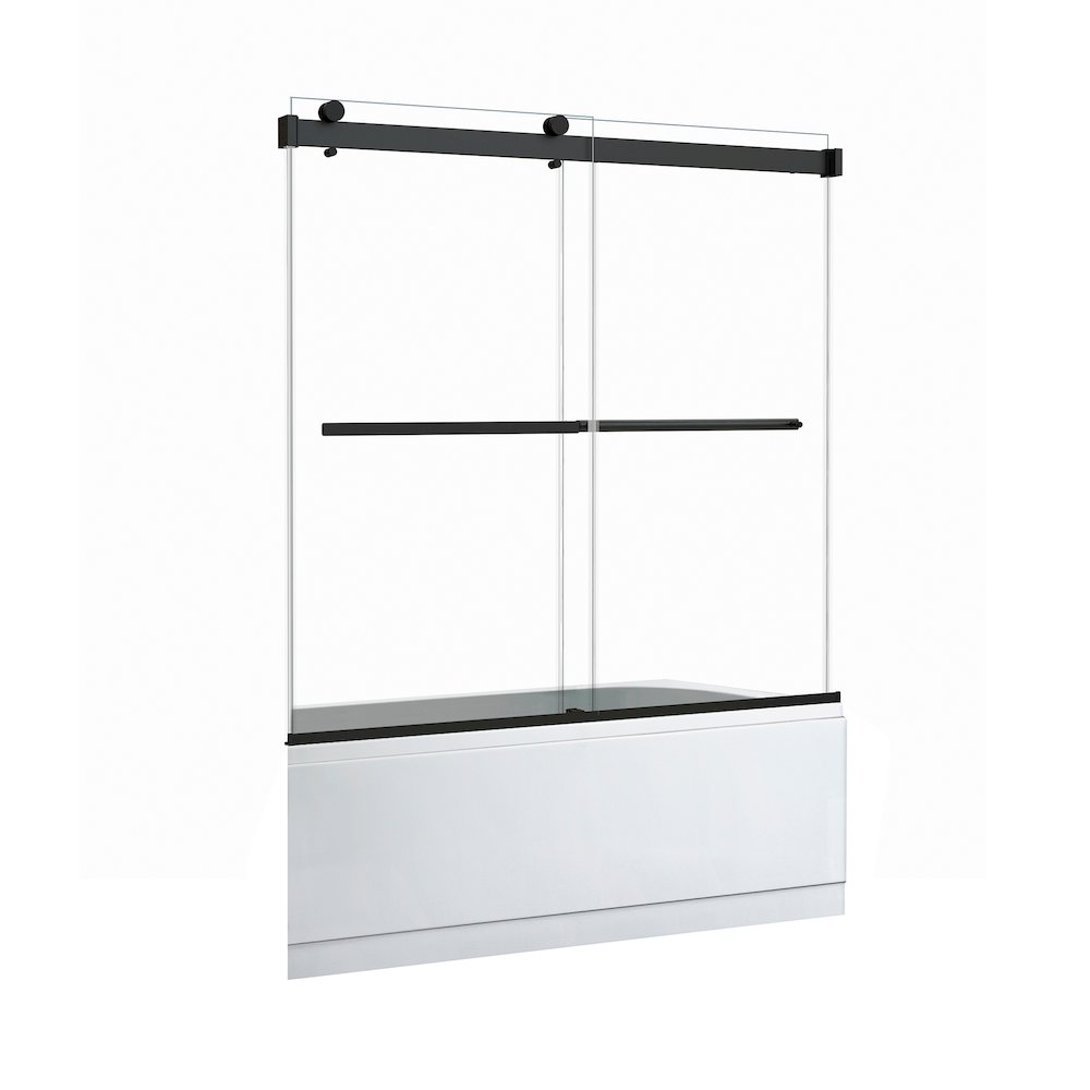 Marcelo 60" W x 58" H By Pass Frameless Tub Door in Matte Black with Clear Glass. Picture 2