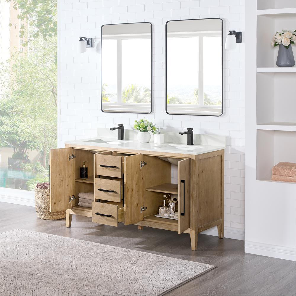 Double Bathroom Vanity in Weathered Fir with Stone Countertop with Mirror. Picture 4