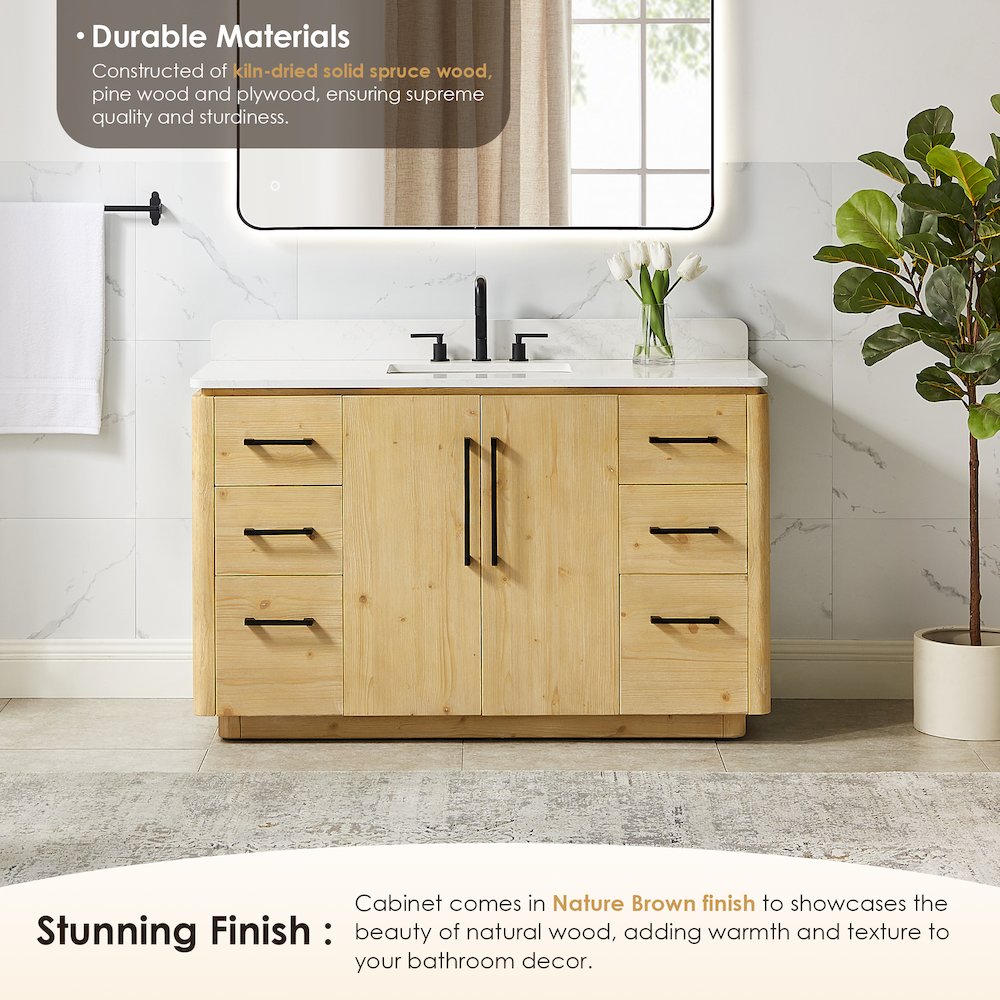 54" Single Bathroom Vanity in Nature Brown with Grain White. Picture 4