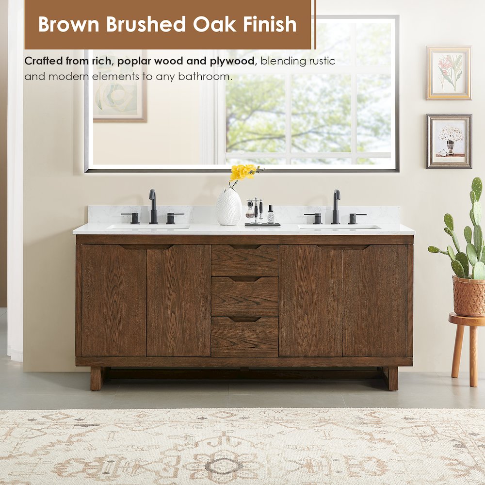 72" Double Bathroom Vanity in Brown Brushed Oak with Grain White. Picture 9