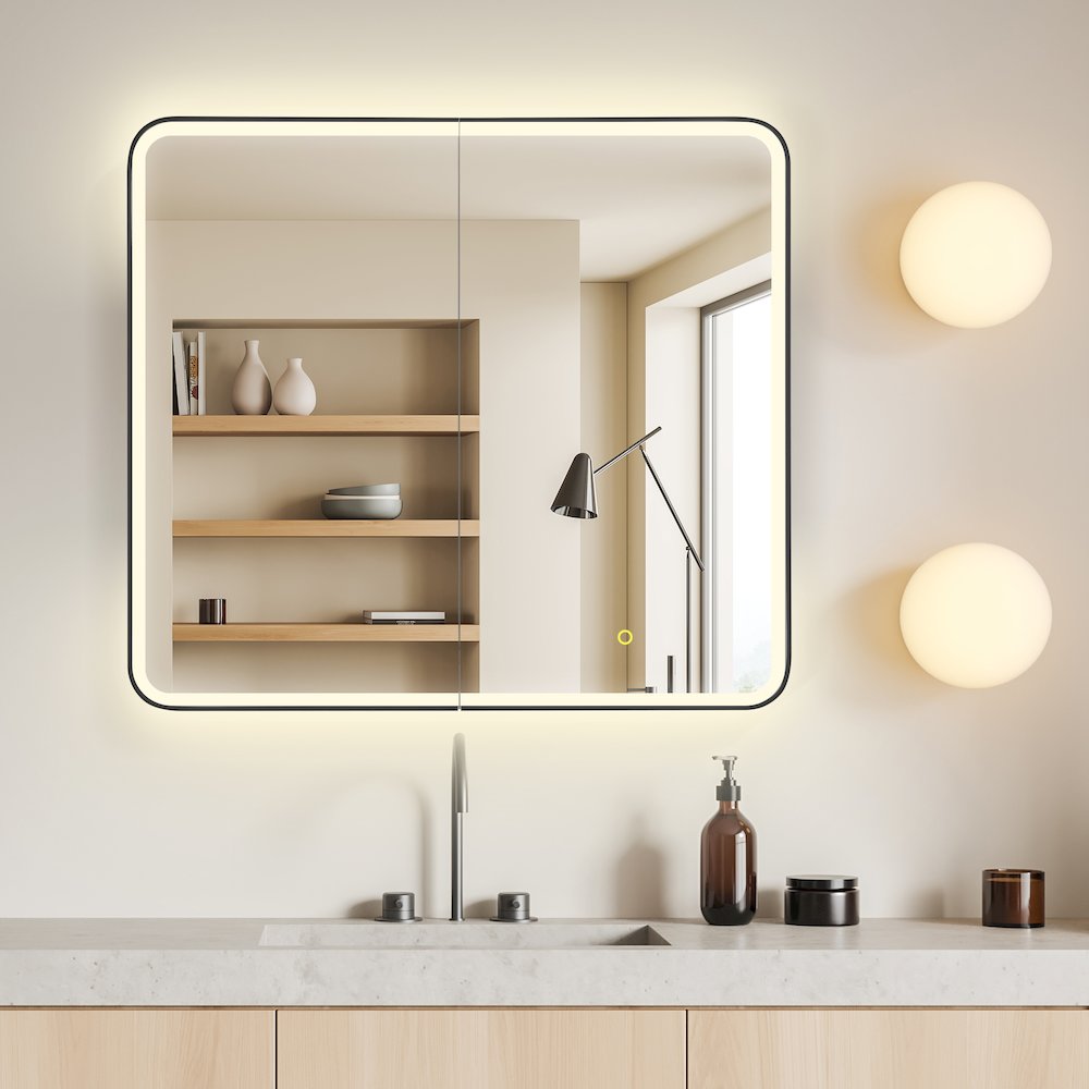 36"x32" Rectangular Bathroom Black Aluminum Mirror Medicine Cabinet. Picture 3