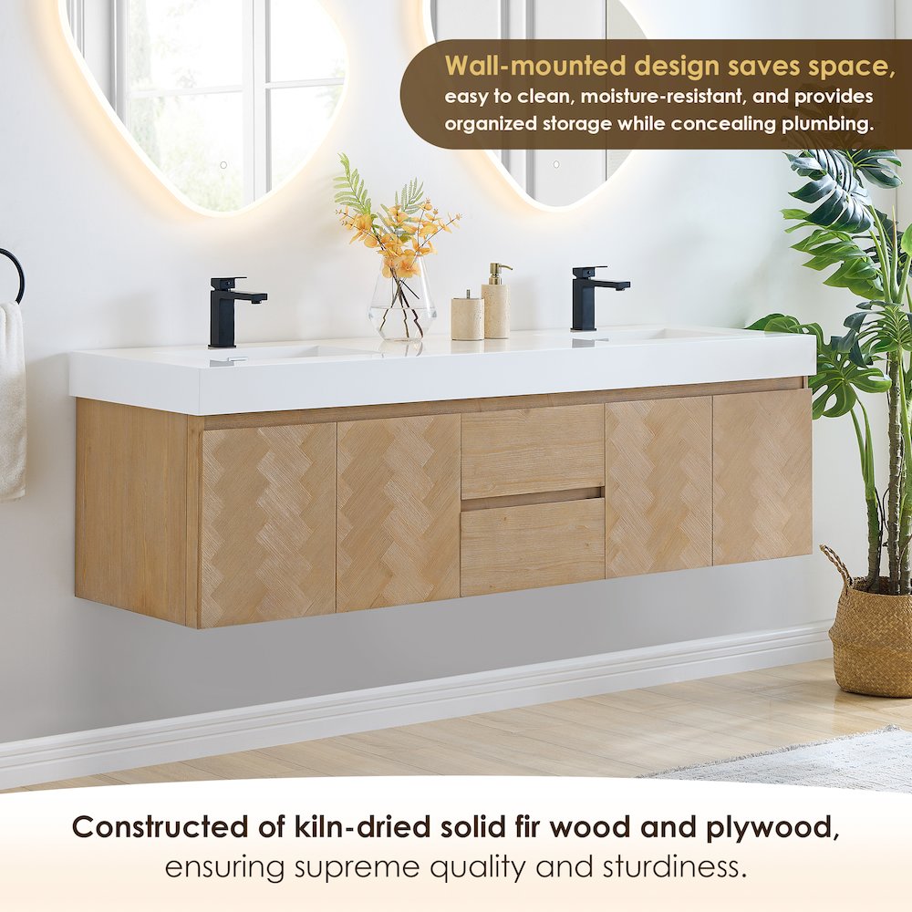 Double Bathroom Vanity in Light Brown White Artificial Drop-in Sink. Picture 5