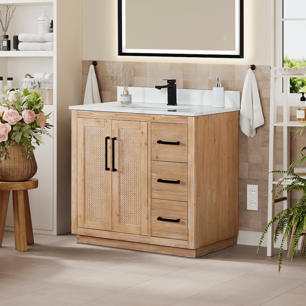 36" Single Bathroom Vanity with Calacatta White Quartz Countertop without Mirror. Picture 3
