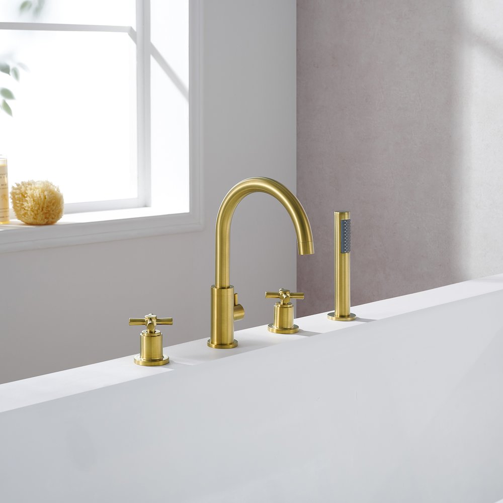 Cross Handles Deck-Mount Roman Tub Faucet in Brushed Gold with Handshower. Picture 2