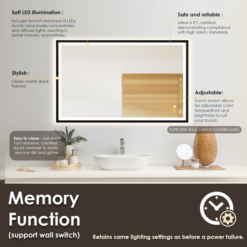 48"x30" Rectangular Wall Mirror in Matte Black Aluminum Framed. Picture 12