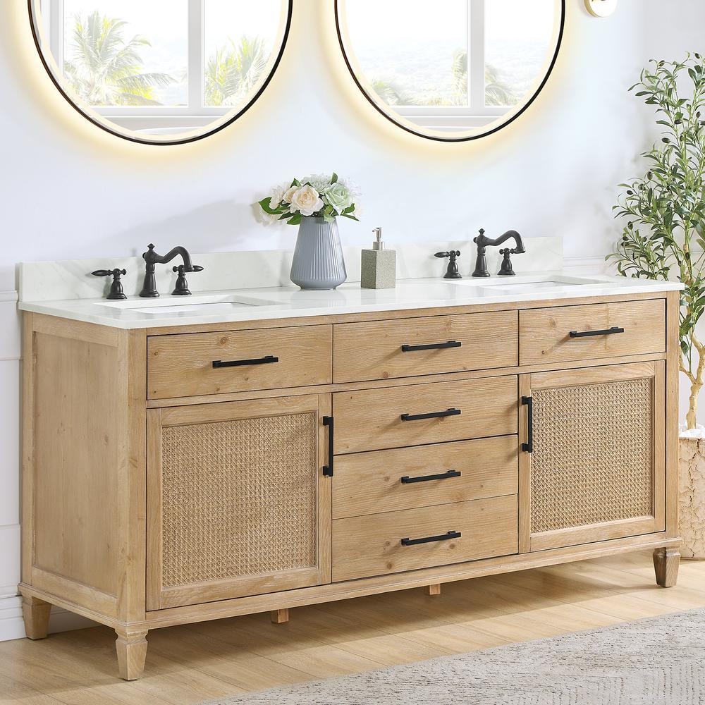 Arbios 72. in Quartz Stone Vanity Top in Calacatta White with White Sink. Picture 5