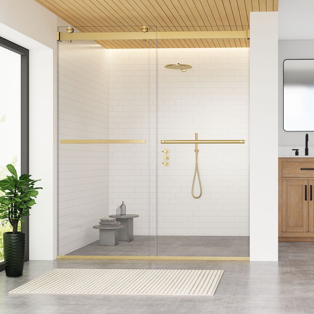 By Pass Frameless Shower Door in Brushed Gold with Clear Glass. Picture 3