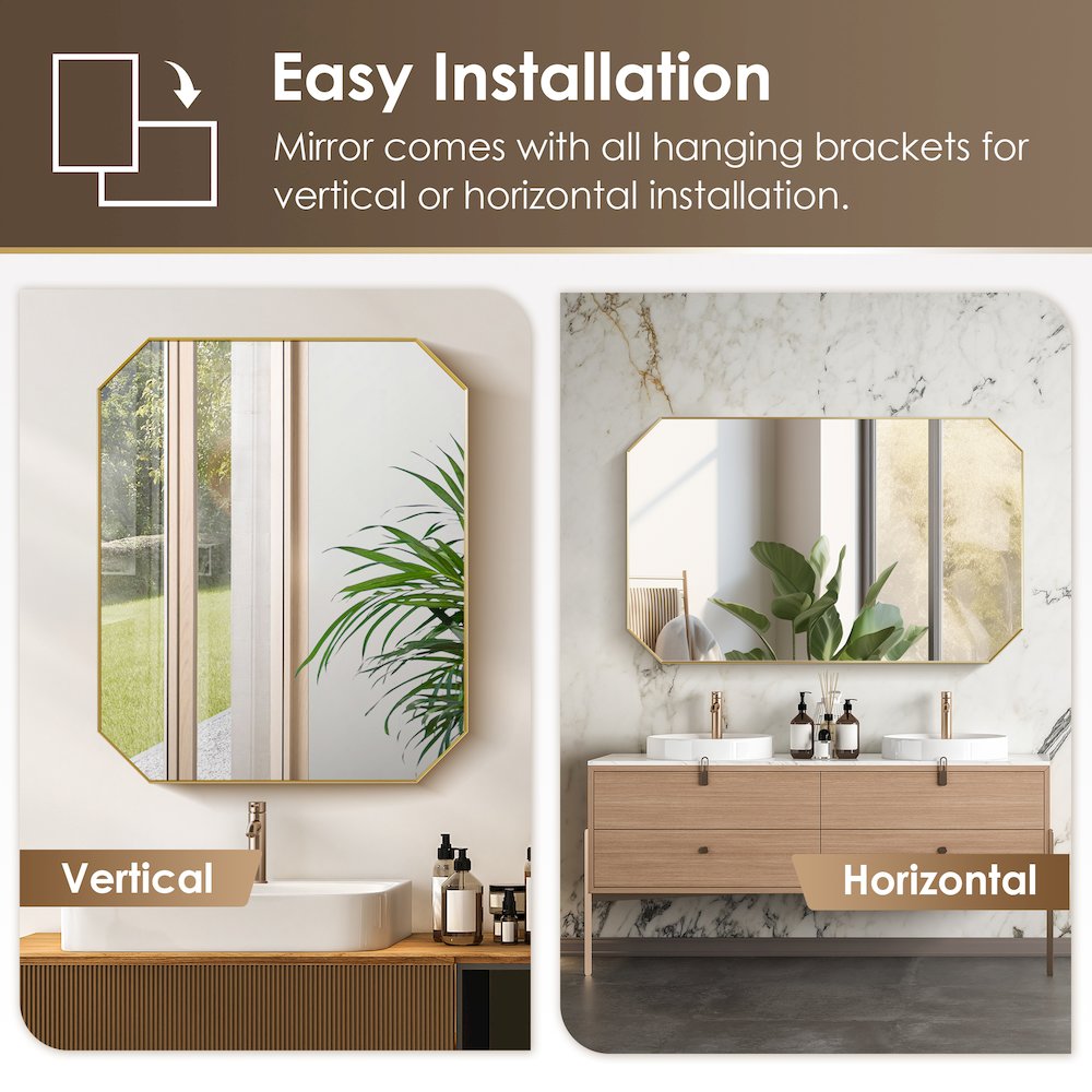 36"x30" Octagon Aluminum Framed in Brushed Gold Modern Bathroom Wall Mirror. Picture 13