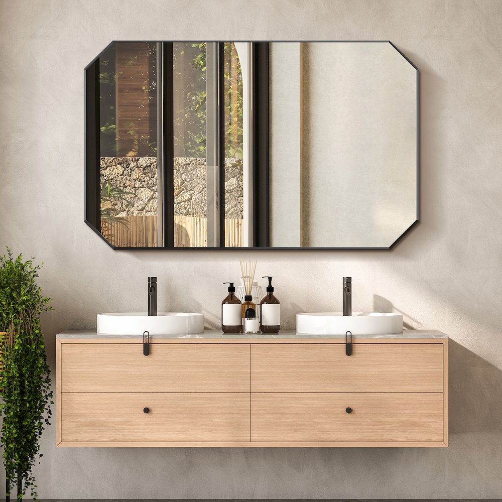 48"x30" Octagon Aluminum Framed in Matte Black Modern Bathroom Wall Mirror. Picture 4