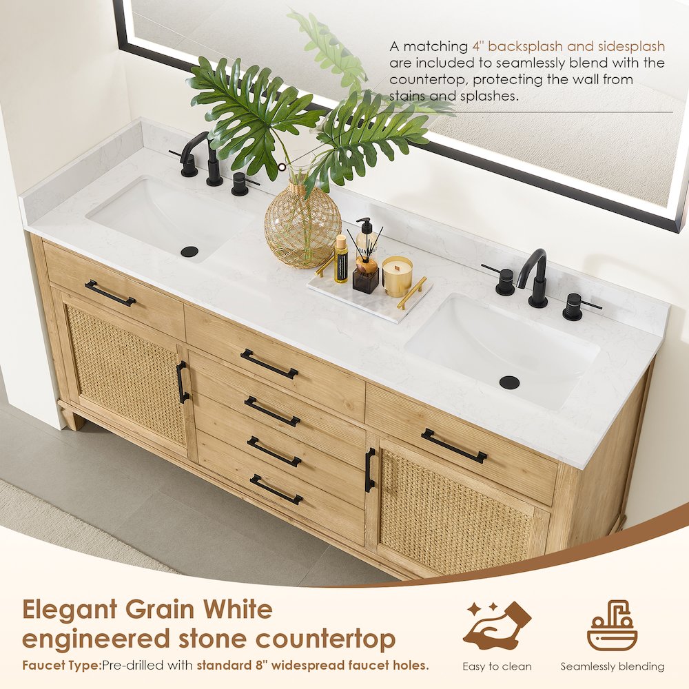 72" Double Bathroom Vanity in with Grain White Engineered Stone Countertop. Picture 7