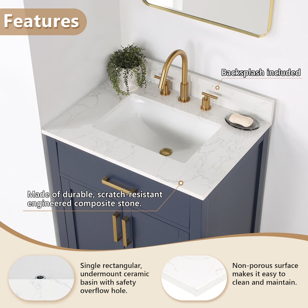 Ceres 31. in Engineered Stone Vanity Top in Grain White with Single White Sink. Picture 7