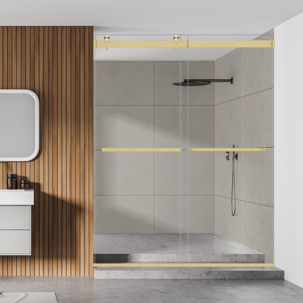 By Pass Frameless Shower Door in Brushed Gold with Clear Glass. Picture 7