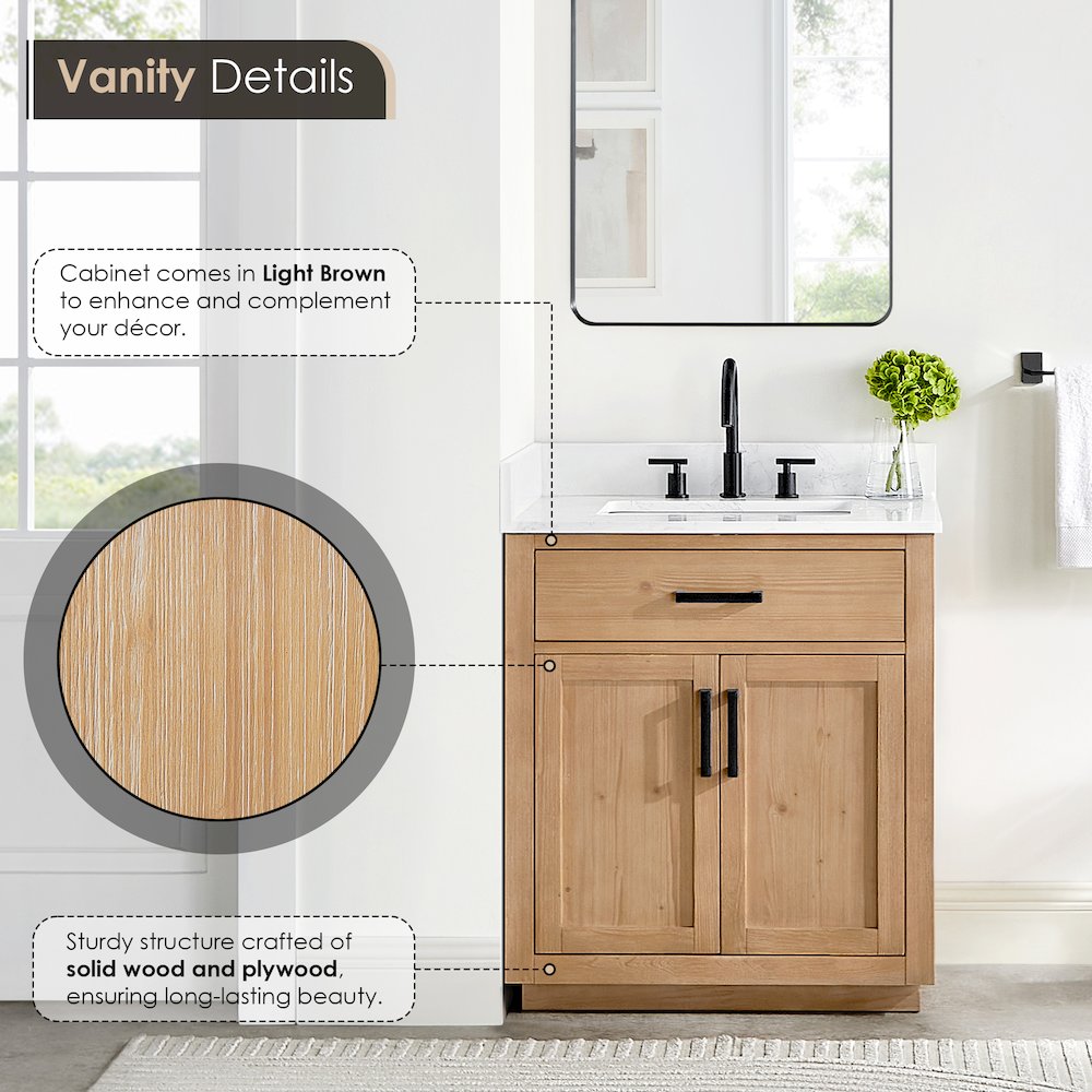 30" Single Bathroom Vanity in Light Brown with Grain White. Picture 5