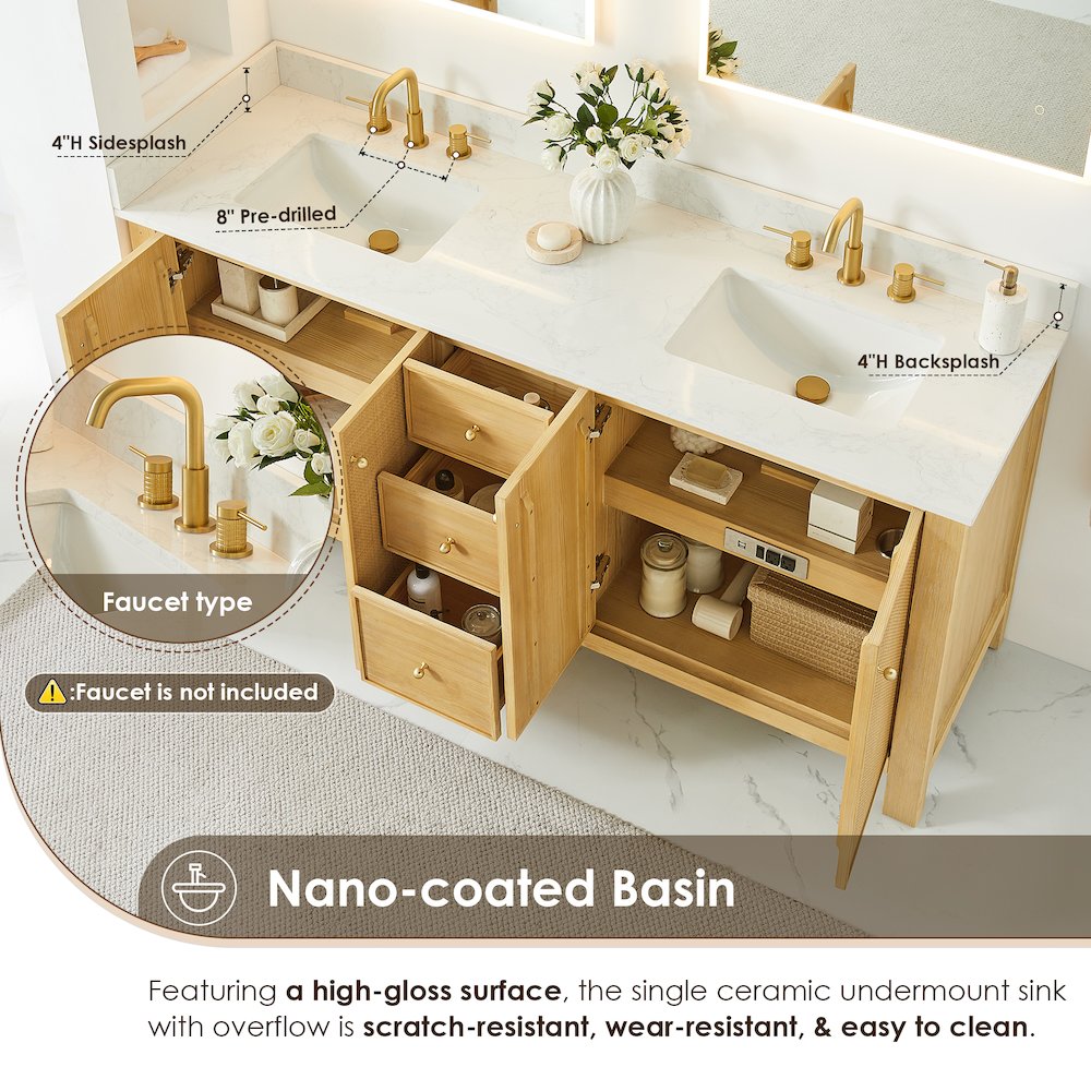 Cedar 72" Double Bathroom Vanity in Natural Wood. Picture 7