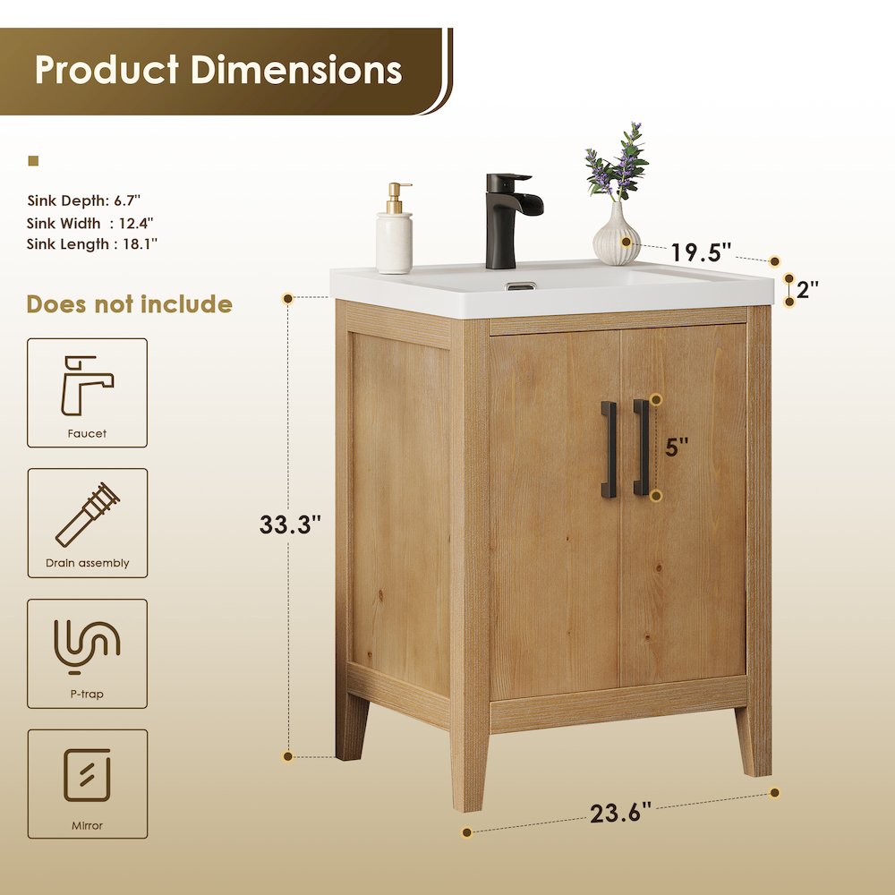 24" Single Bathroom Vanity in with White Ceramic Intergated Sink without Mirror. Picture 11