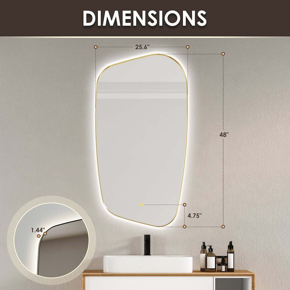 26"x48" Anti-Fog Wall Mirror in Brushed Gold Aluminum Framed. Picture 16