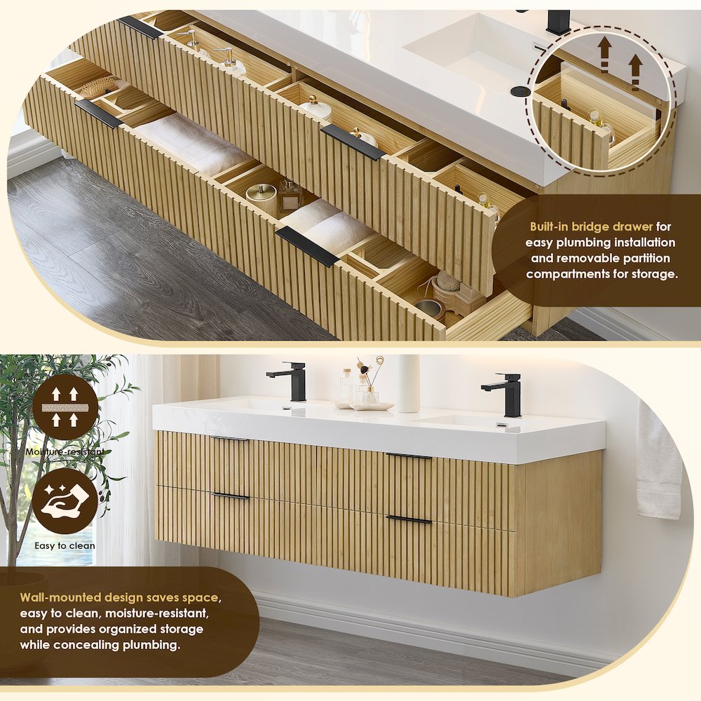 Double Bathroom Vanity in Nature Brown White Artificial Drop-in Sink. Picture 9