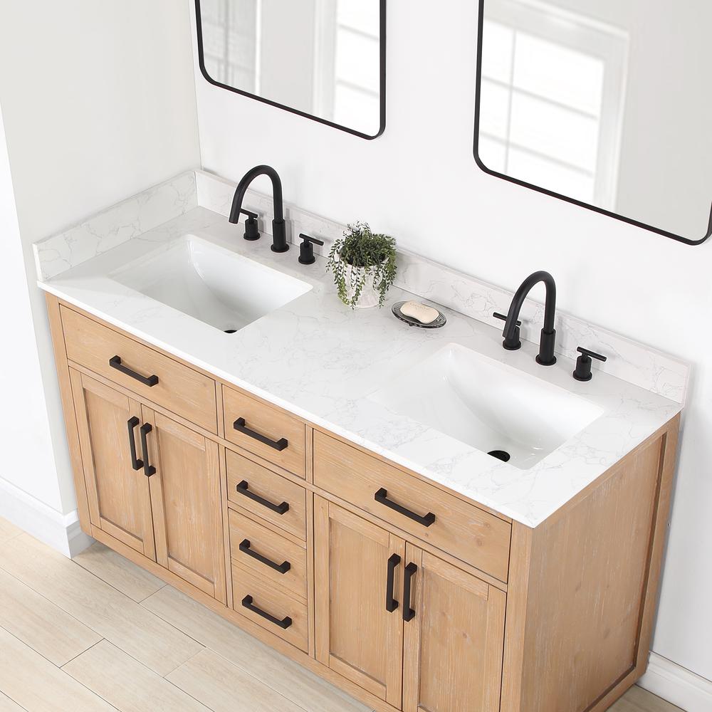 60" Double Bathroom Vanity in Light Brown with Mirror. Picture 8