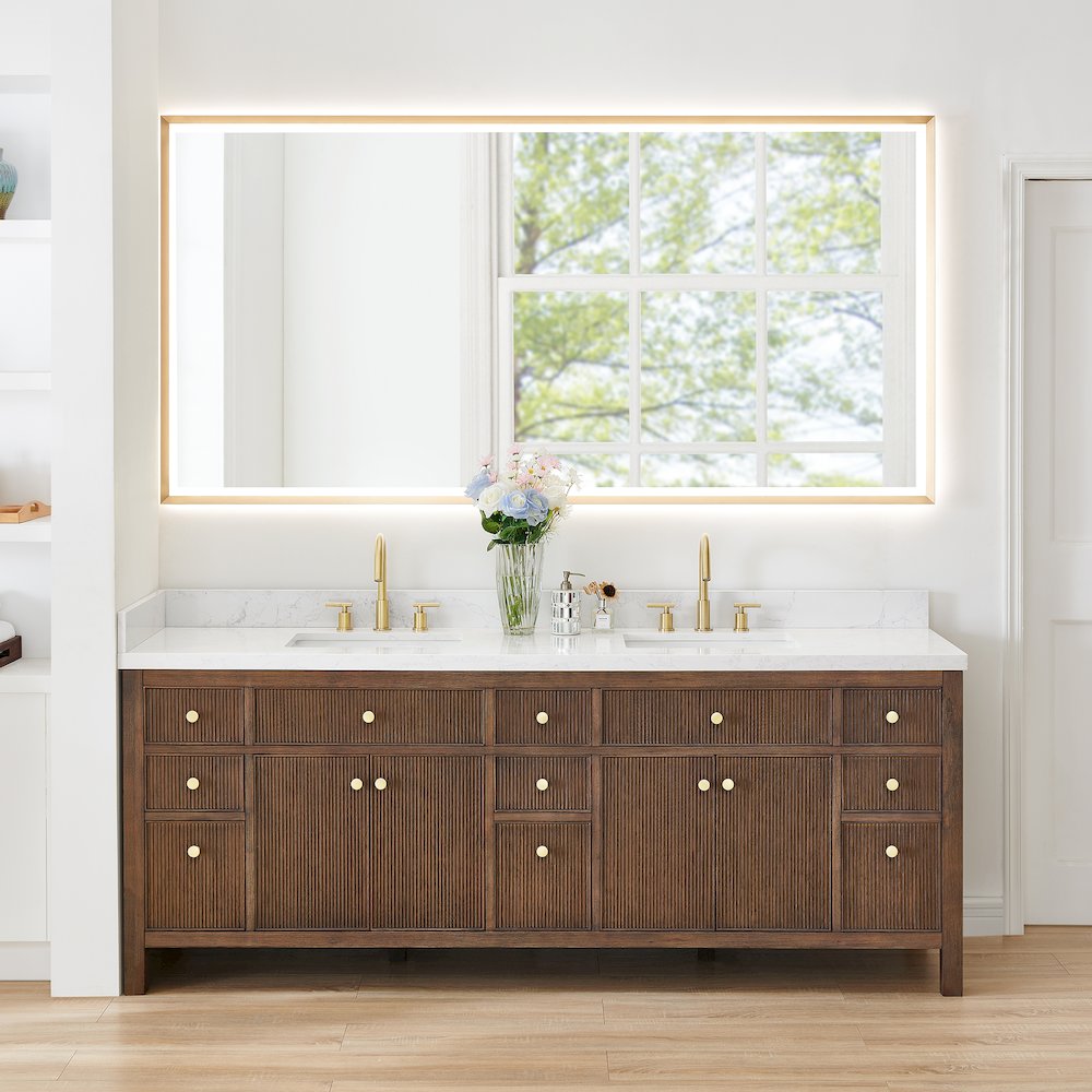 Double Bathroom Vanity in Brown Oak Grain White Engineered Stone Countertop. Picture 2