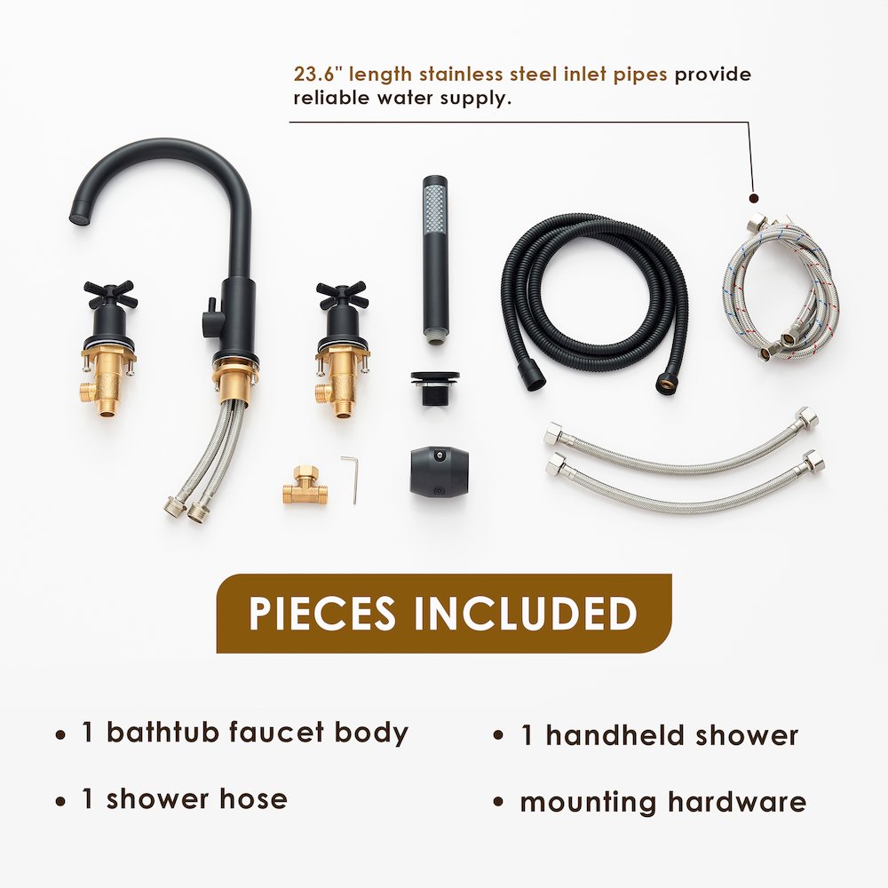 Cross Handles Deck-Mount Roman Tub Faucet in Matte Black with Handshower. Picture 14