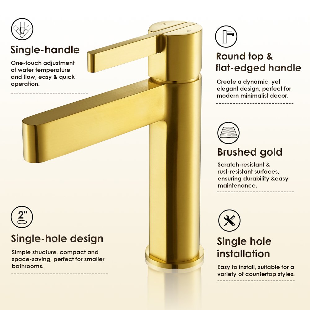 Single Hole Single-Handle Bathroom Faucet in Brushed Gold. Picture 8