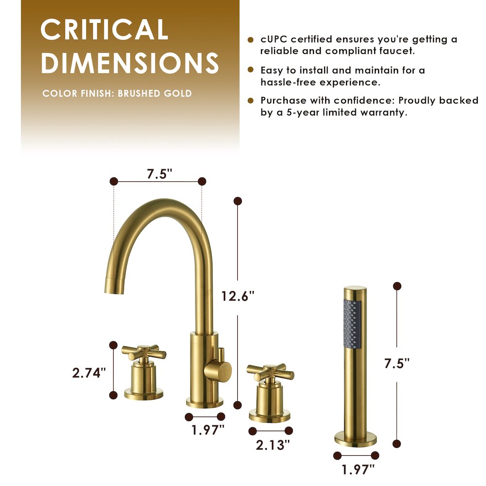 Cross Handles Deck-Mount Roman Tub Faucet in Brushed Gold with Handshower. Picture 13