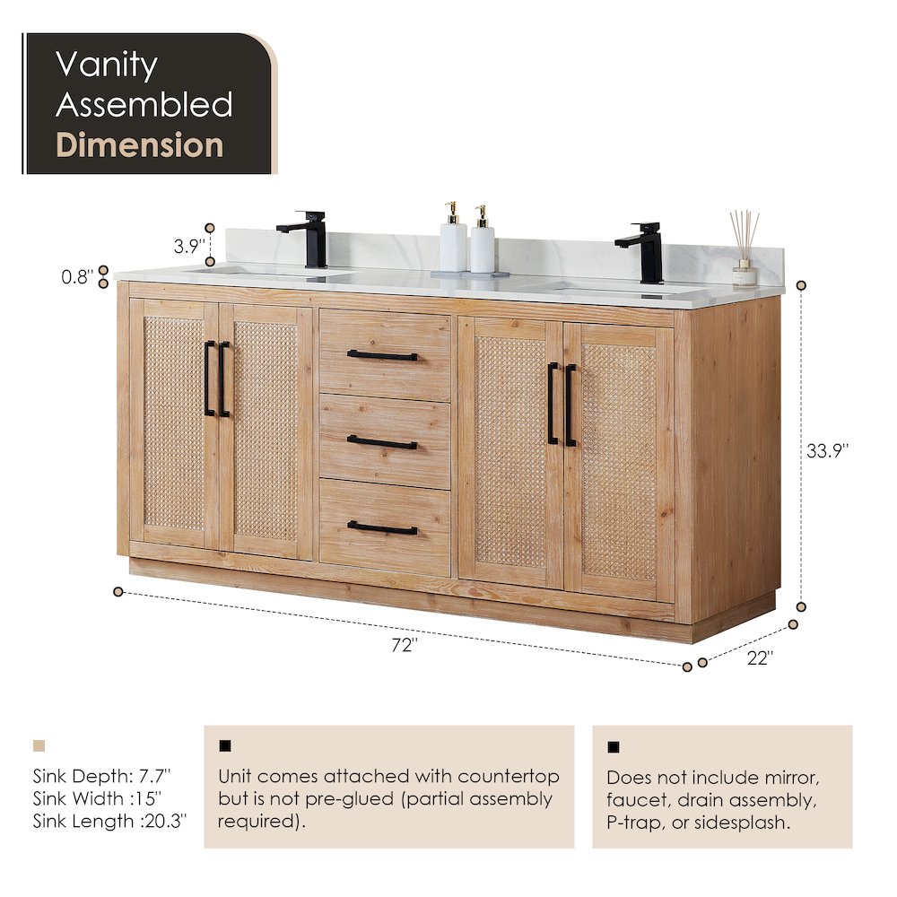 72" Double Bathroom Vanity with Calacatta White Quartz Countertop without Mirror. Picture 11