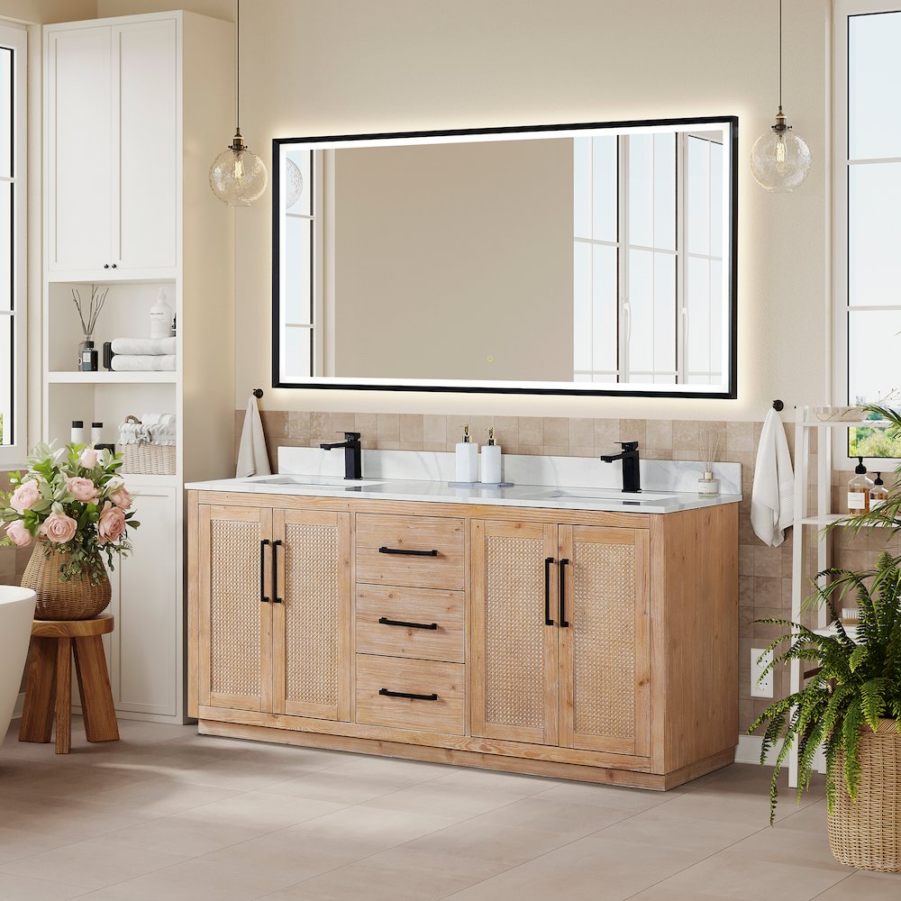 72" Double Bathroom Vanity with Calacatta White Quartz Countertop with Mirror. Picture 3