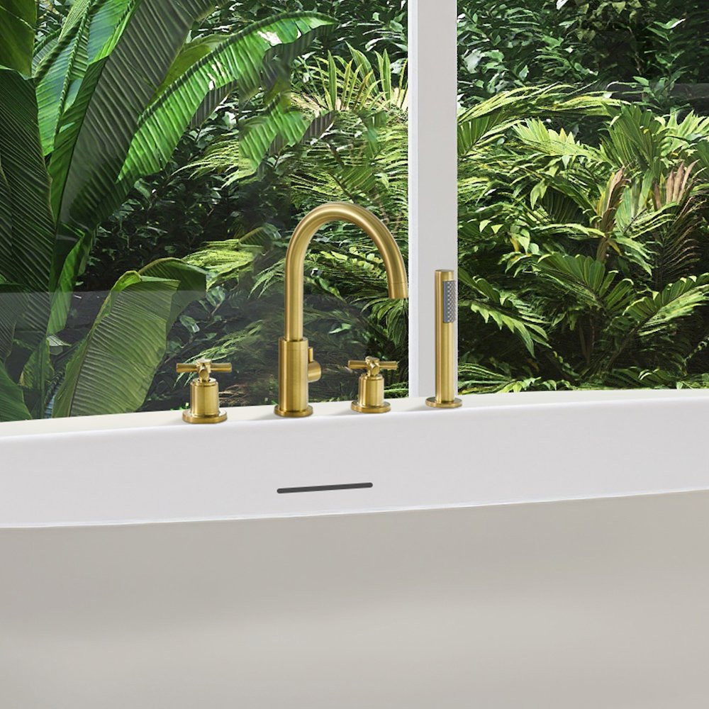 Cross Handles Deck-Mount Roman Tub Faucet in Brushed Gold with Handshower. Picture 5