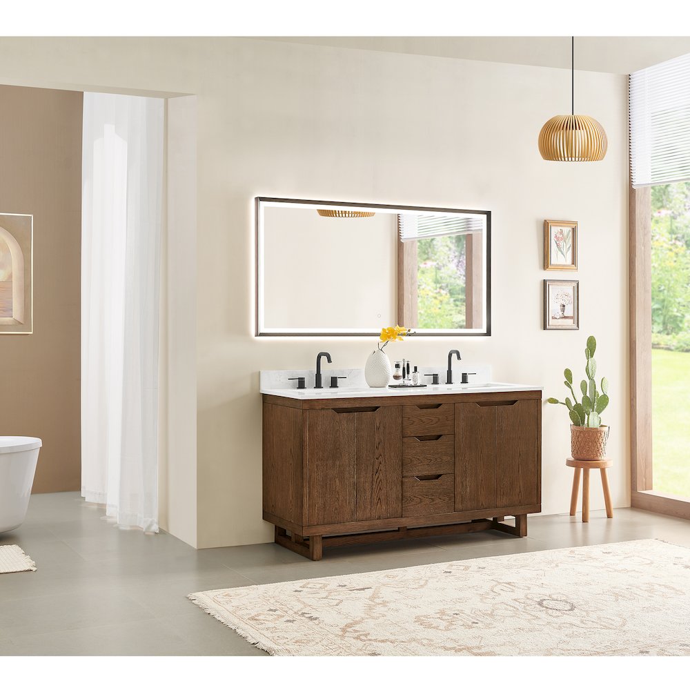 60" Double Bathroom Vanity in Brown Brushed Oak with Grain White. Picture 14