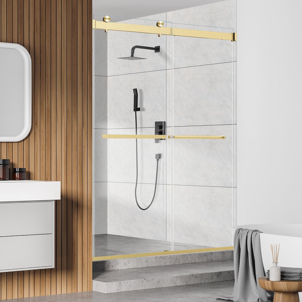 By Pass Frameless Shower Door in Brushed Gold with Clear Glass. Picture 6