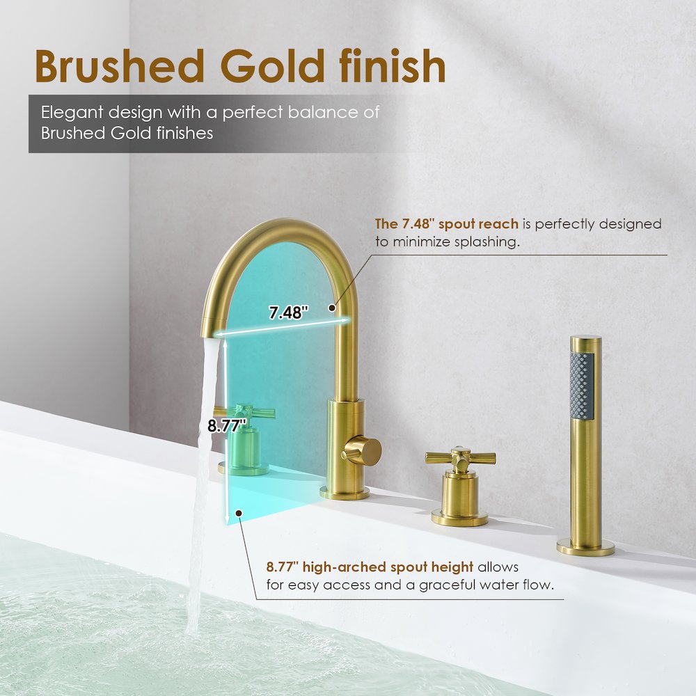 Cross Handles Deck-Mount Roman Tub Faucet in Brushed Gold with Handshower. Picture 11