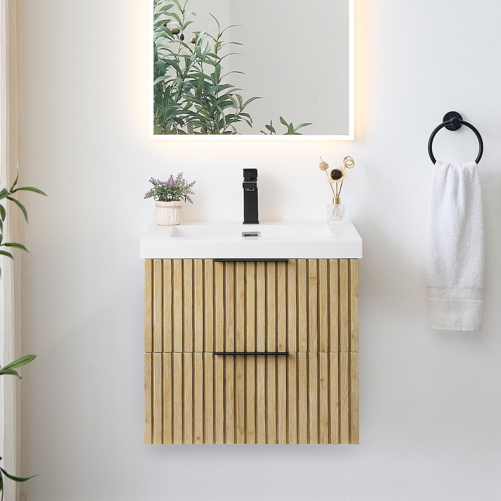 Single Bathroom Vanity in Nature Brown White Artificial Drop-in Sink. Picture 2