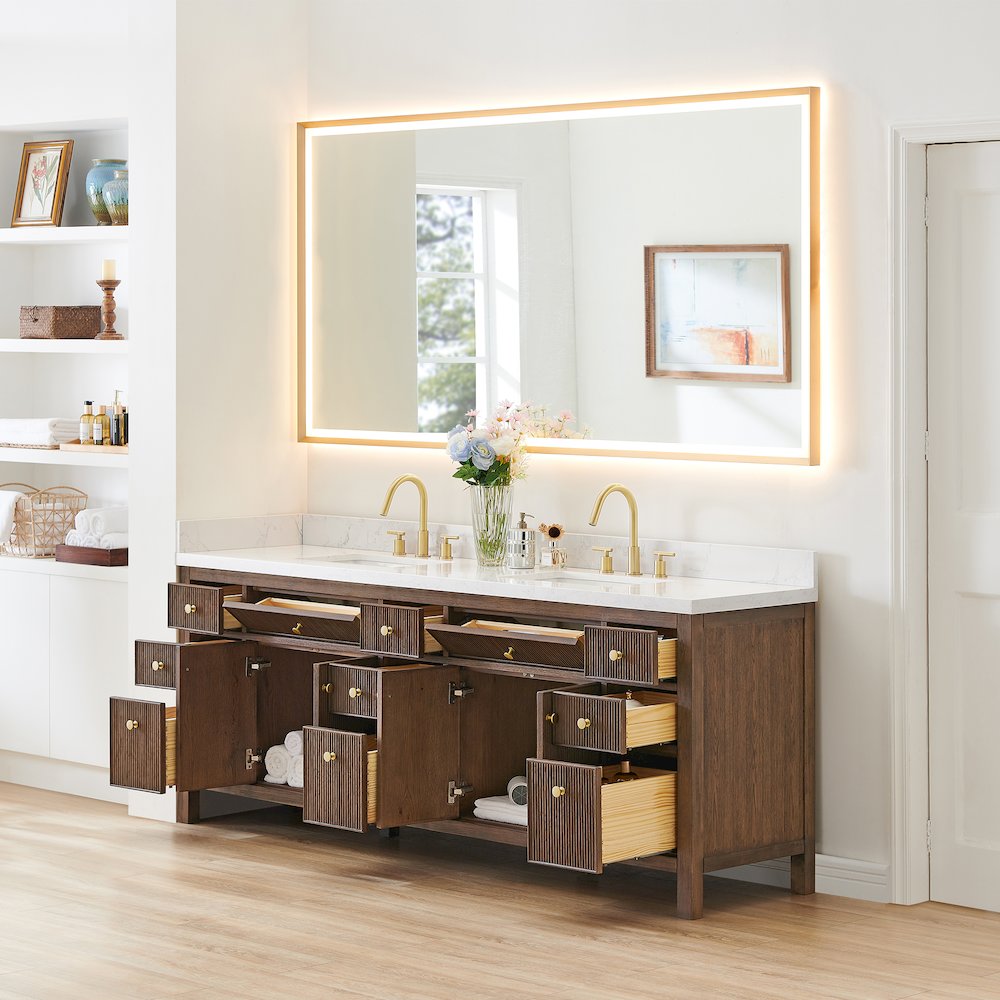 Double Bathroom Vanity in Brown Oak Grain White Engineered Stone Countertop. Picture 4