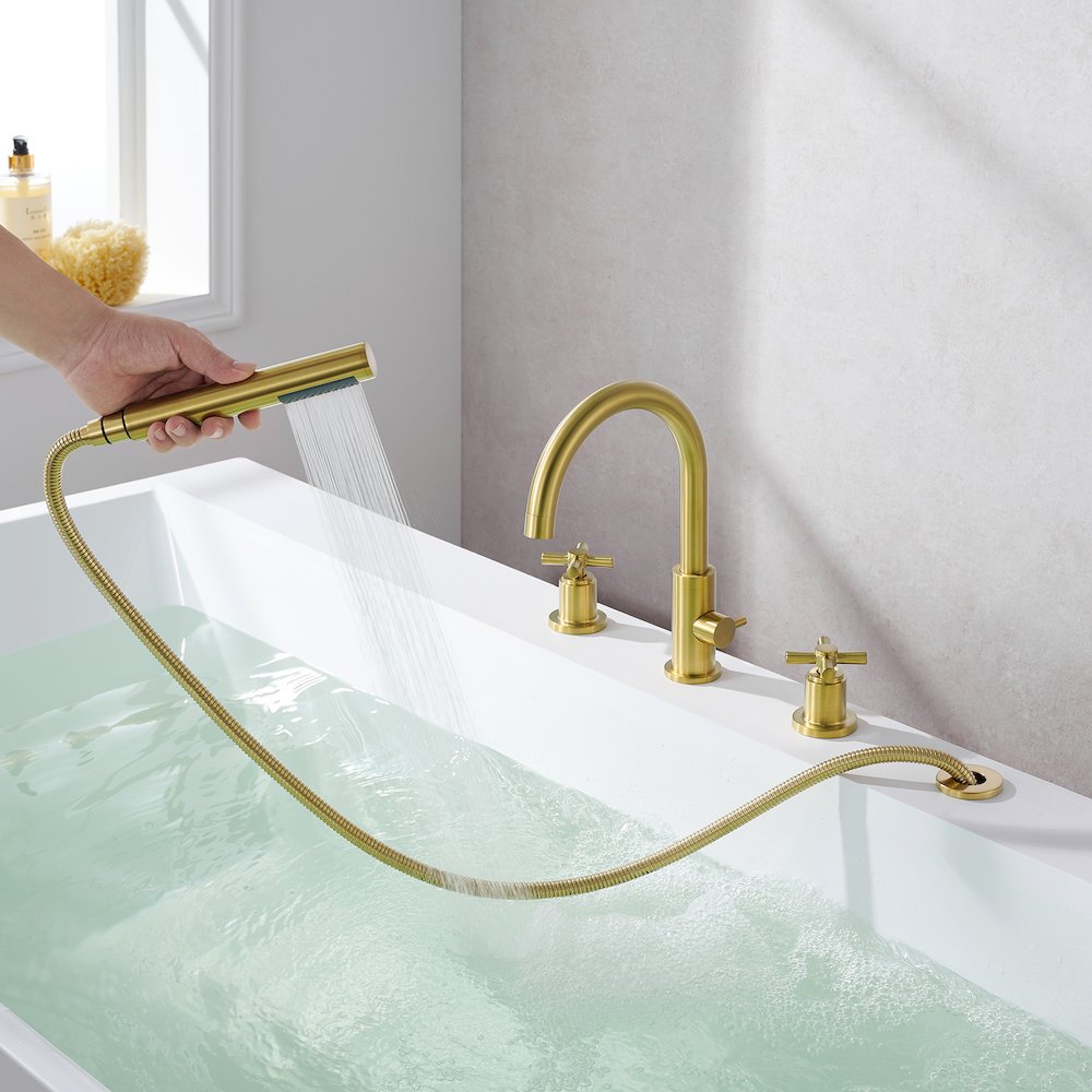 Cross Handles Deck-Mount Roman Tub Faucet in Brushed Gold with Handshower. Picture 7