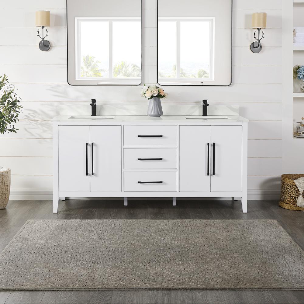 Double Bathroom Vanity in White with Stone Countertop without Mirror. Picture 2