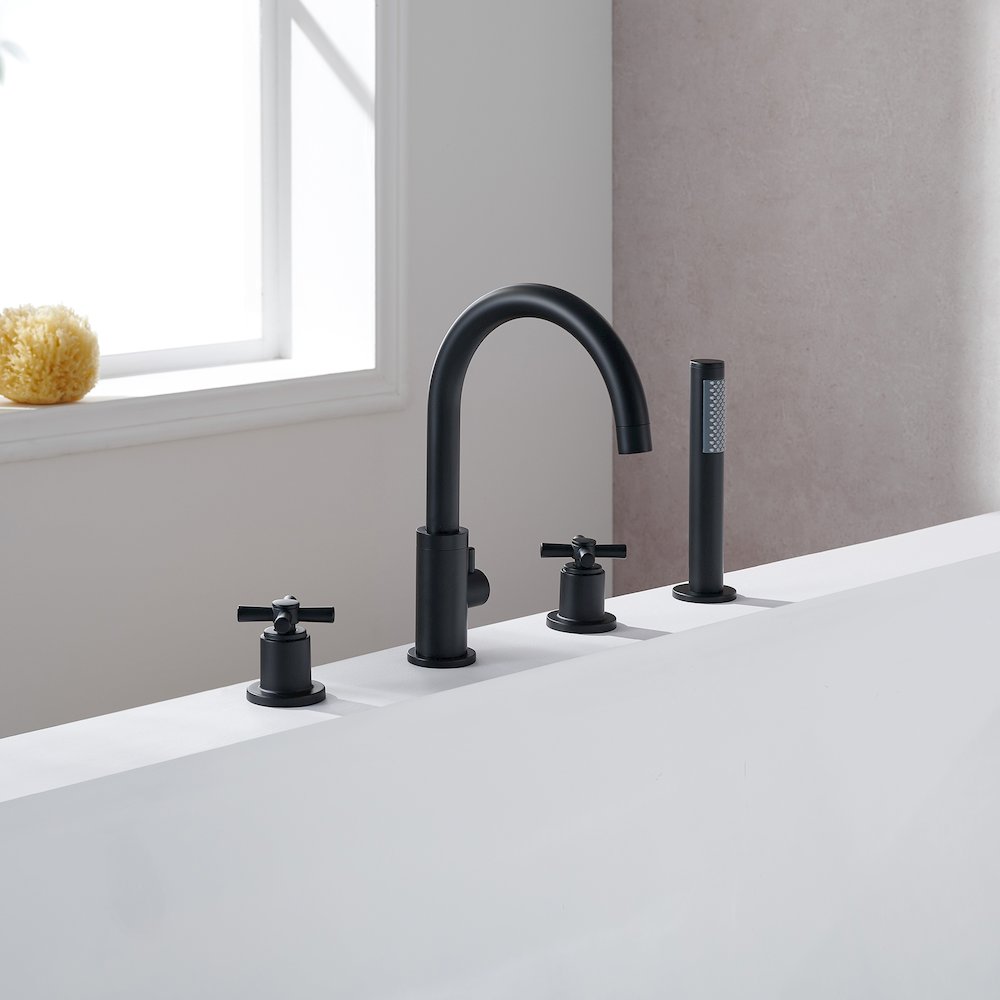Cross Handles Deck-Mount Roman Tub Faucet in Matte Black with Handshower. Picture 2