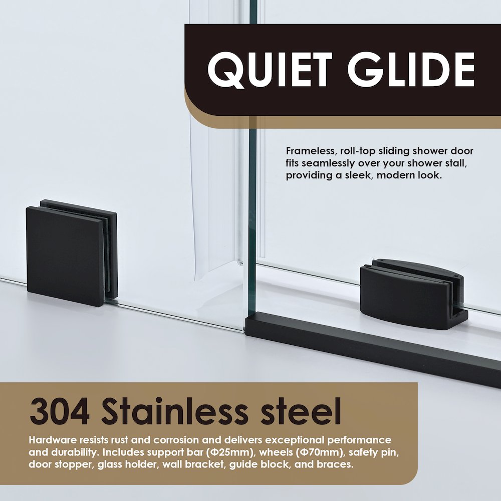 Single Sliding Frameless Shower Door in Matte Black with Clear Glass. Picture 7