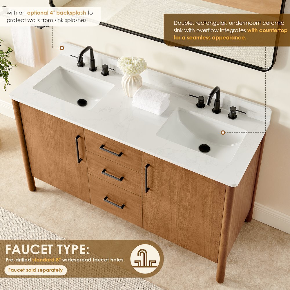60" Double Bathroom Vanity in Mango Brown with Grain White. Picture 8