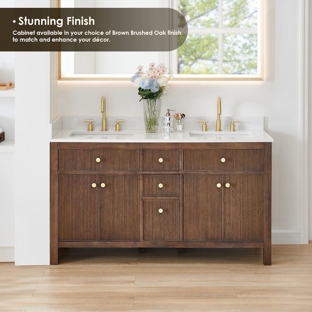 Double Bathroom Vanity in Brown Oak Grain White Engineered Stone Countertop. Picture 9