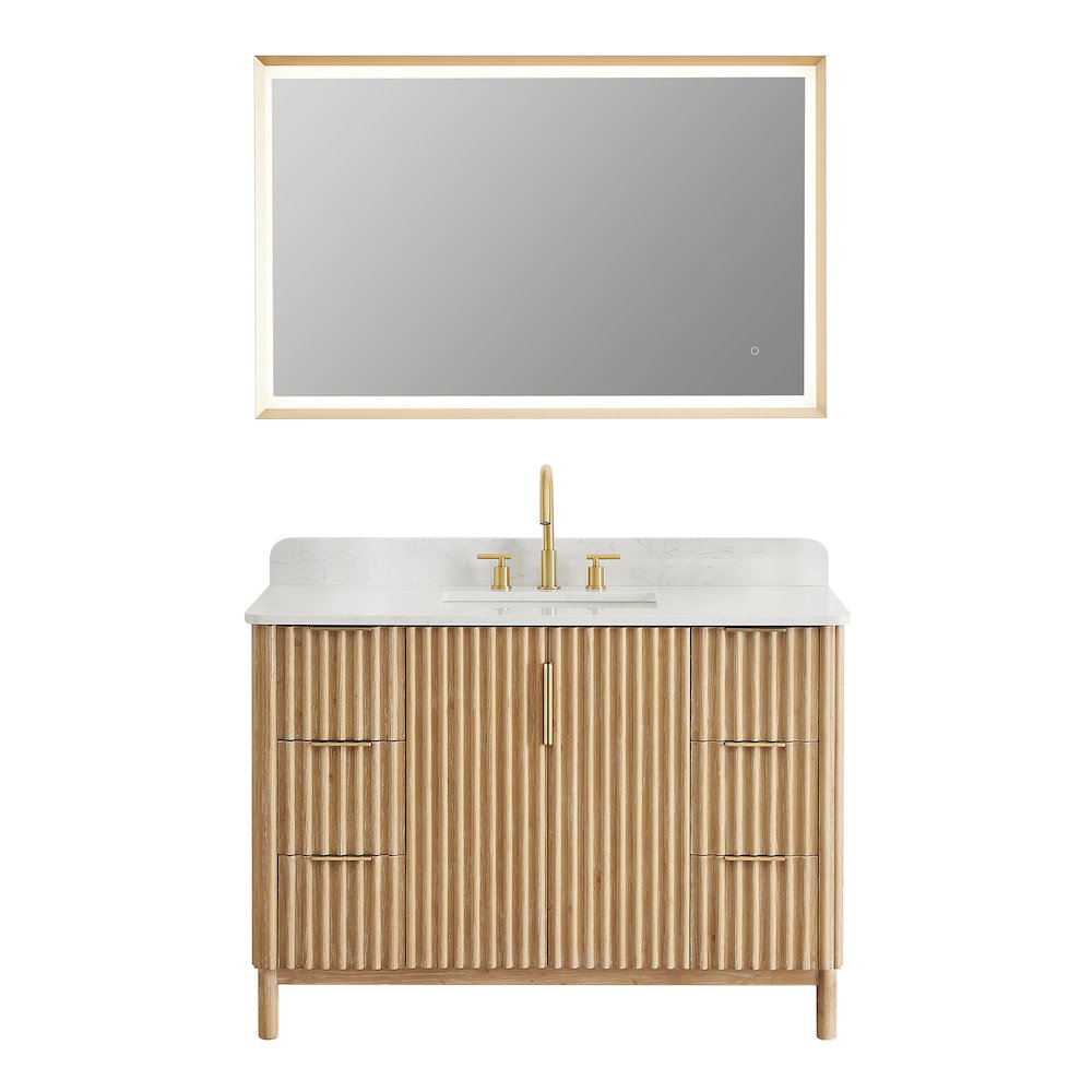 Single Bathroom Vanity in Washing Light Brown Grain White Engineered Stone. Picture 1