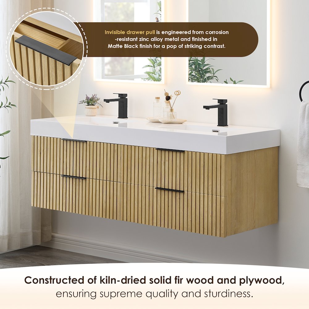 Double Bathroom Vanity in Nature Brown White Artificial Drop-in Sink. Picture 5