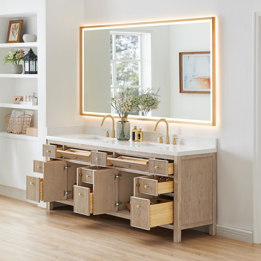 Double Bathroom Vanity in Nature Oak Grain White Engineered Stone Countertop. Picture 4