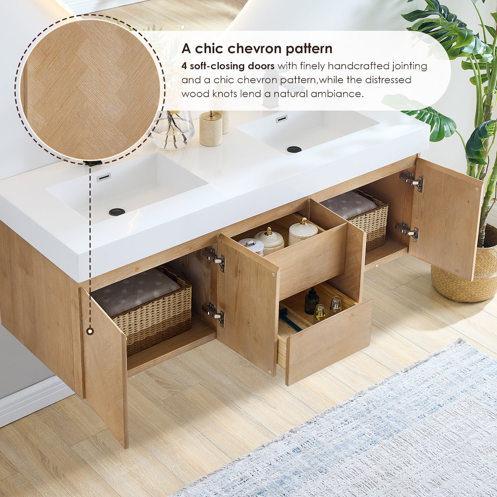 Double Bathroom Vanity in Light Brown White Artificial Drop-in Sink. Picture 7