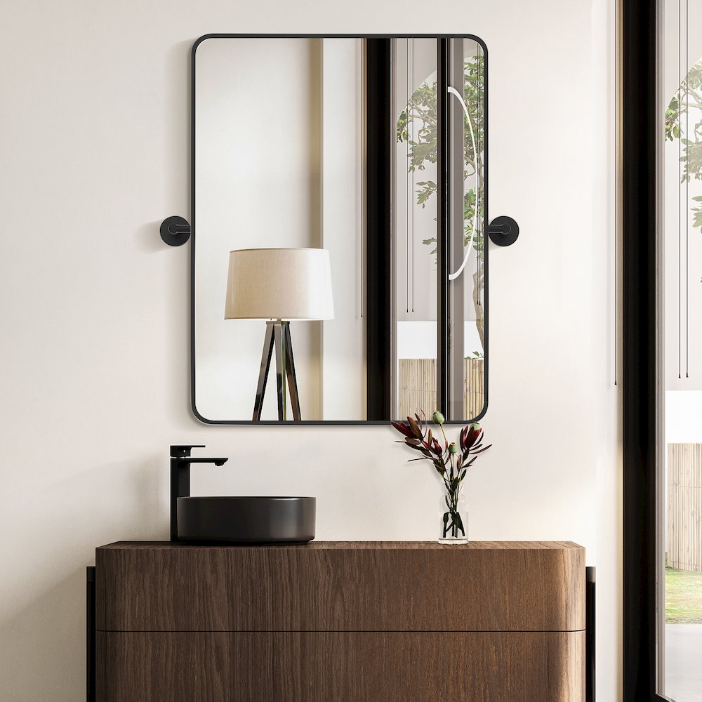 24x32'' Aluminum Framed in Matte Black Modern Bathroom Pivot Wall Mirror. Picture 8