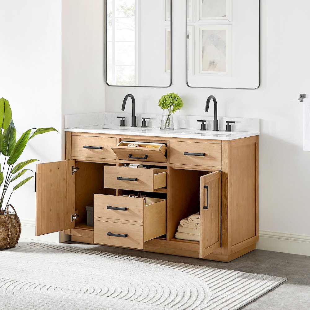 54" Double Bathroom Vanity in Light Brown with Grain White. Picture 4