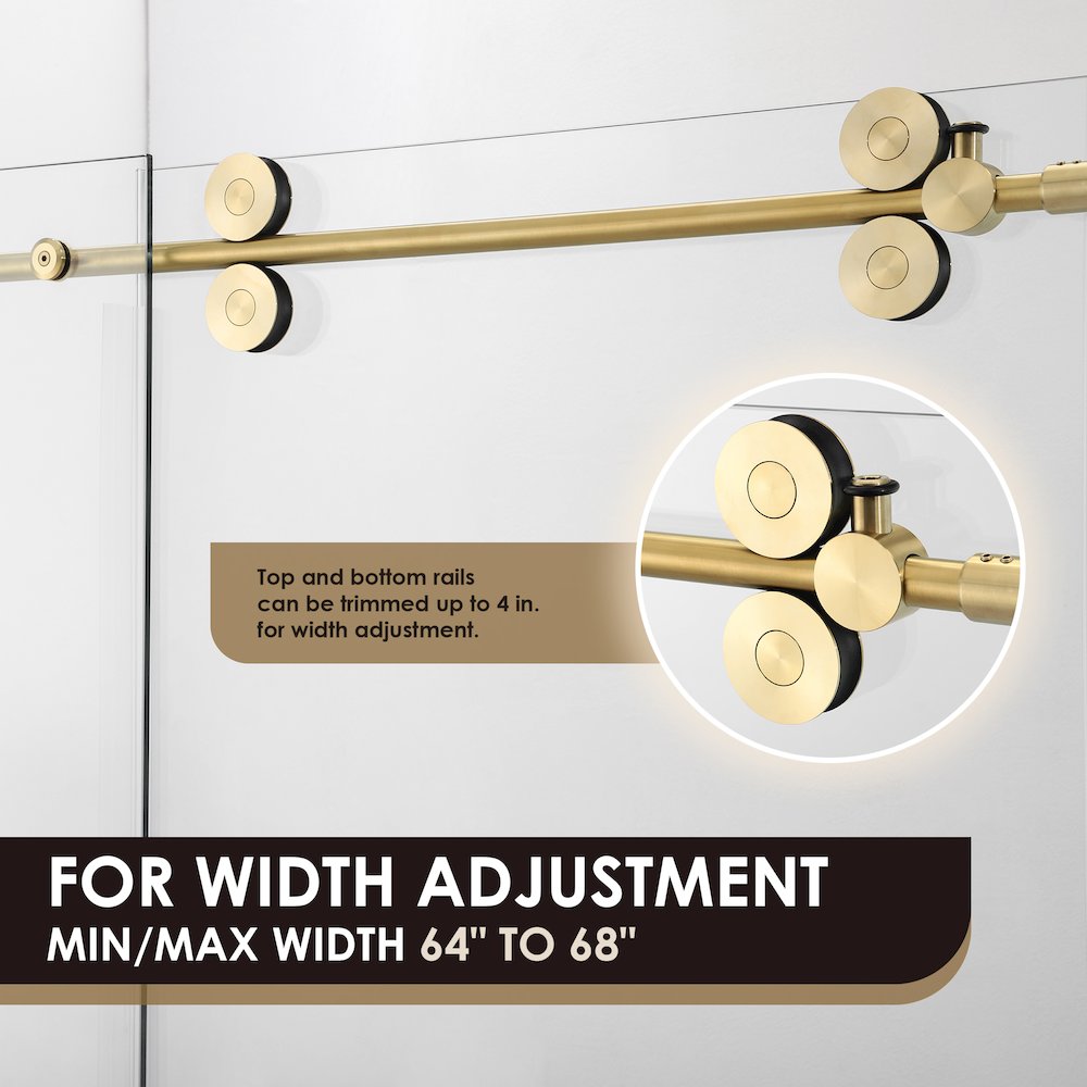 Single Sliding Frameless Shower Door in Brushed Gold with Clear Glass. Picture 8