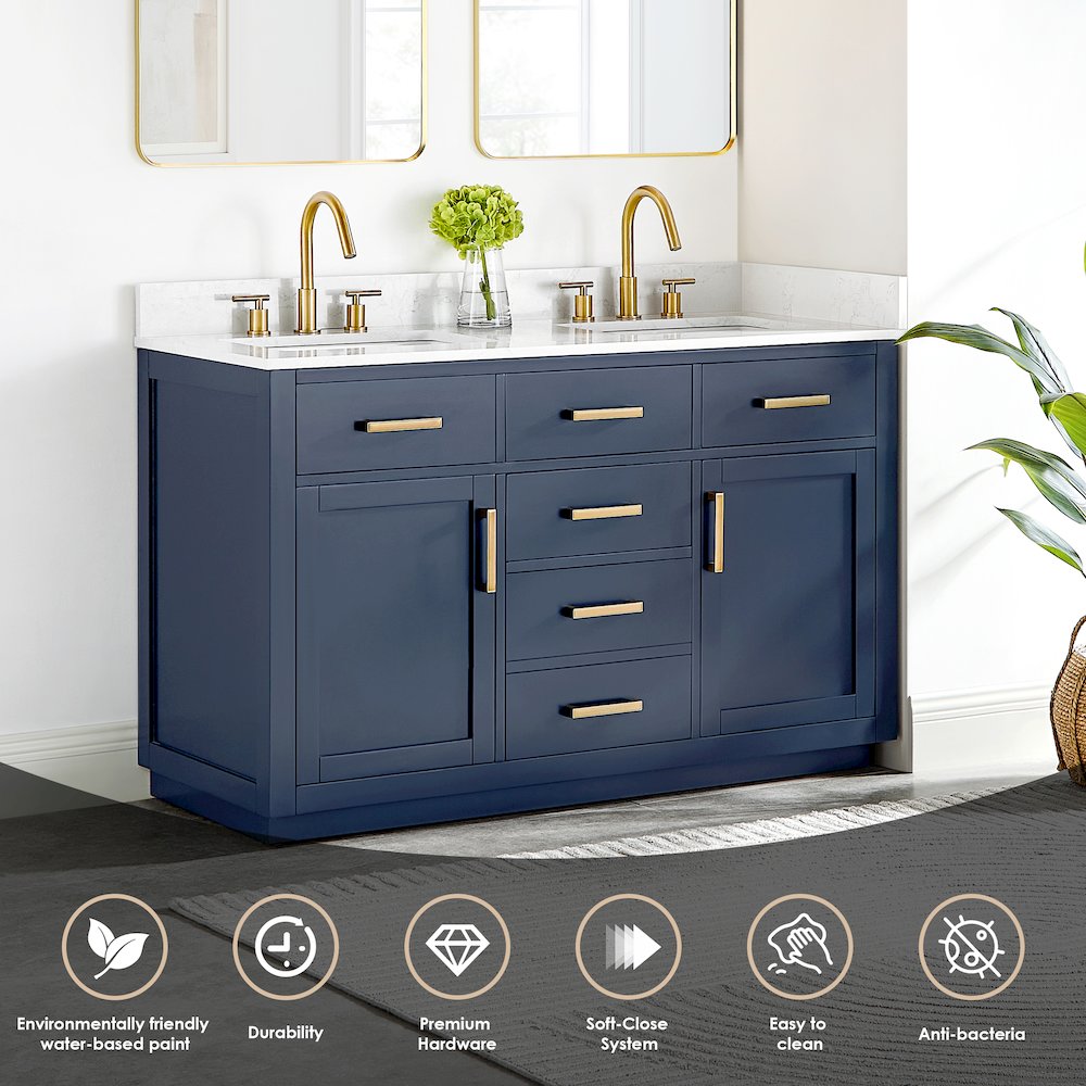 54" Double Bathroom Vanity in Royal Blue with Grain White. Picture 5