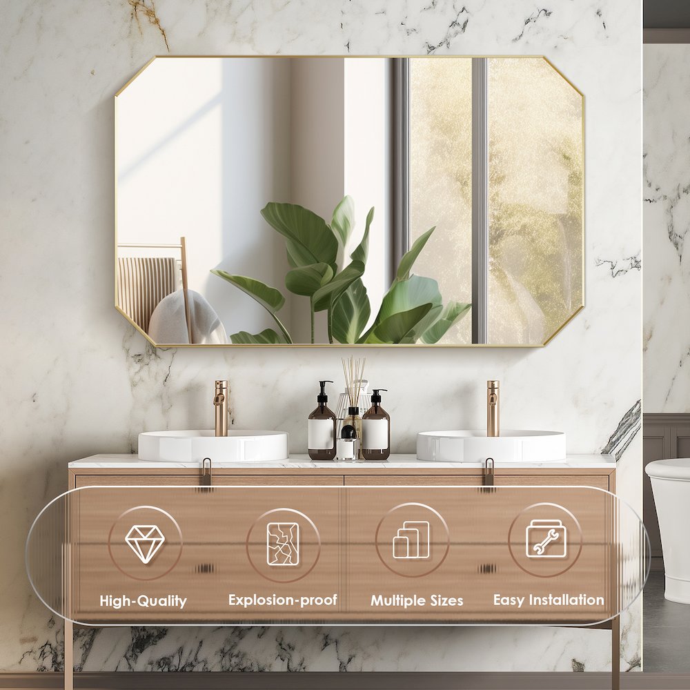 48"x30" Octagon Aluminum Framed in Brushed Gold Modern Bathroom Wall Mirror. Picture 8